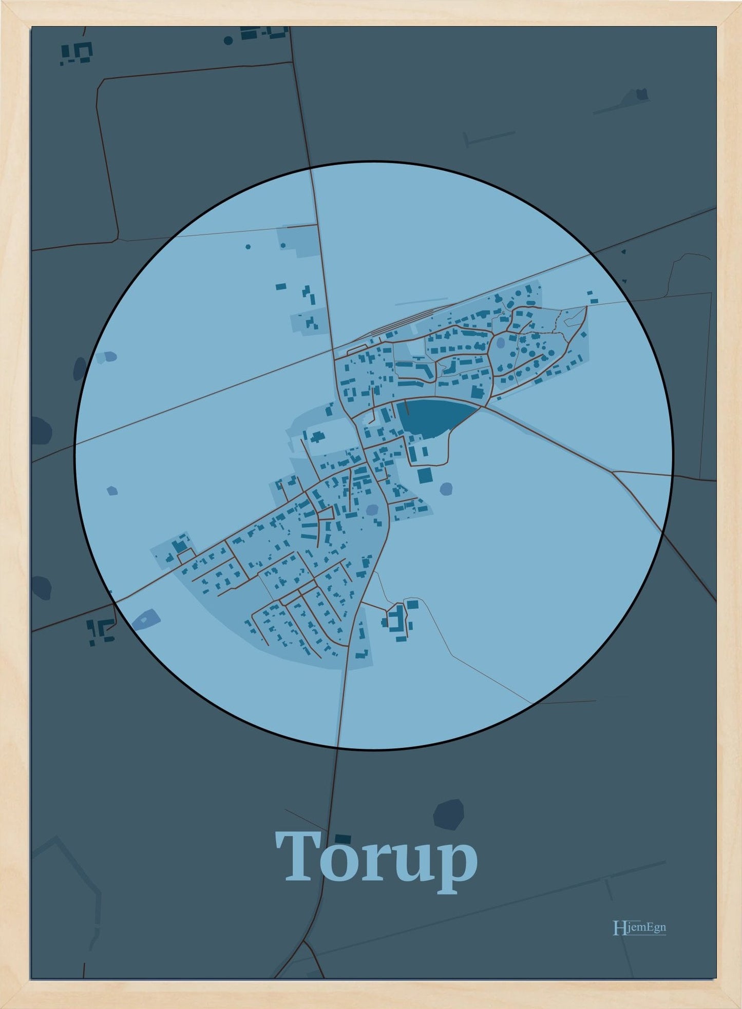 Torup plakat i farve pastel blå og HjemEgn.dk design centrum. Design bykort for Torup