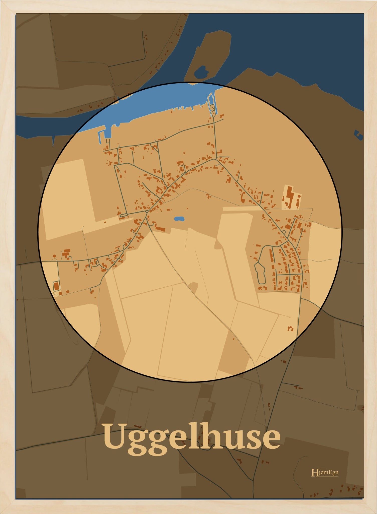 Uggelhuse plakat i farve pastel brun og HjemEgn.dk design centrum. Design bykort for Uggelhuse