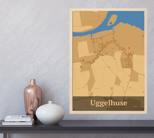 Uggelhuse plakat i farve  og HjemEgn.dk design firkantet. Design bykort for Uggelhuse