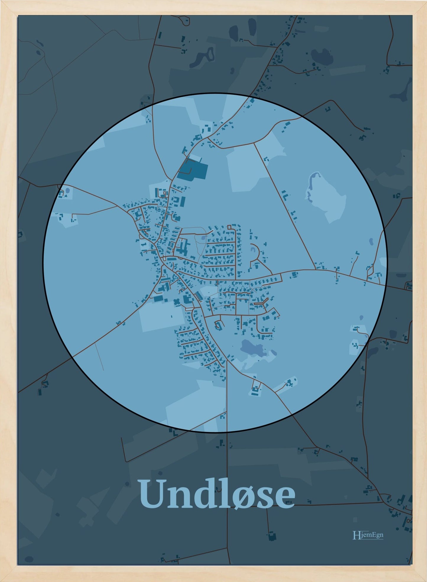 Undløse plakat i farve pastel blå og HjemEgn.dk design centrum. Design bykort for Undløse