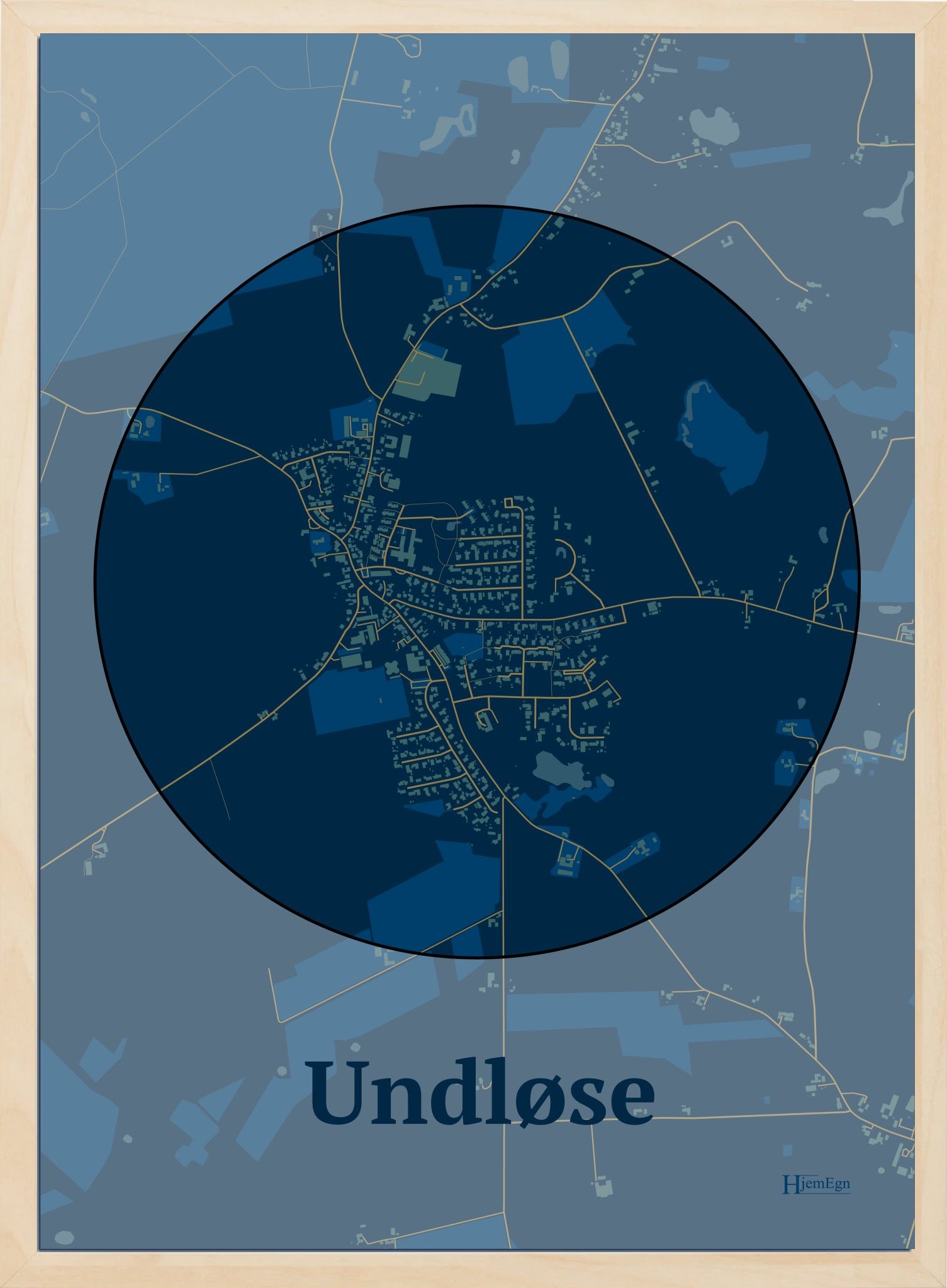Undløse plakat i farve mørk blå og HjemEgn.dk design centrum. Design bykort for Undløse