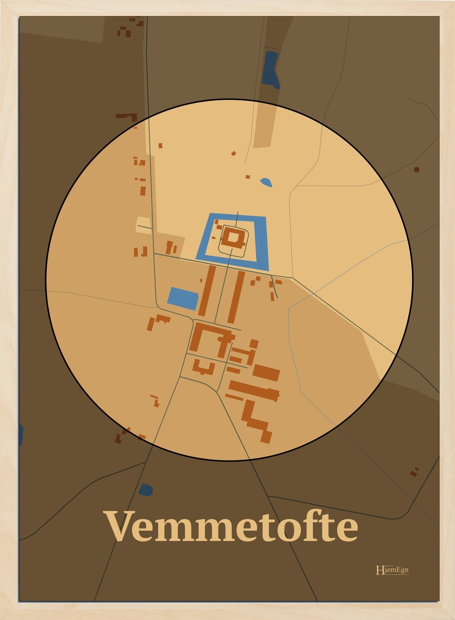 Vemmetofte plakat i farve pastel brun og HjemEgn.dk design centrum. Design bykort for Vemmetofte