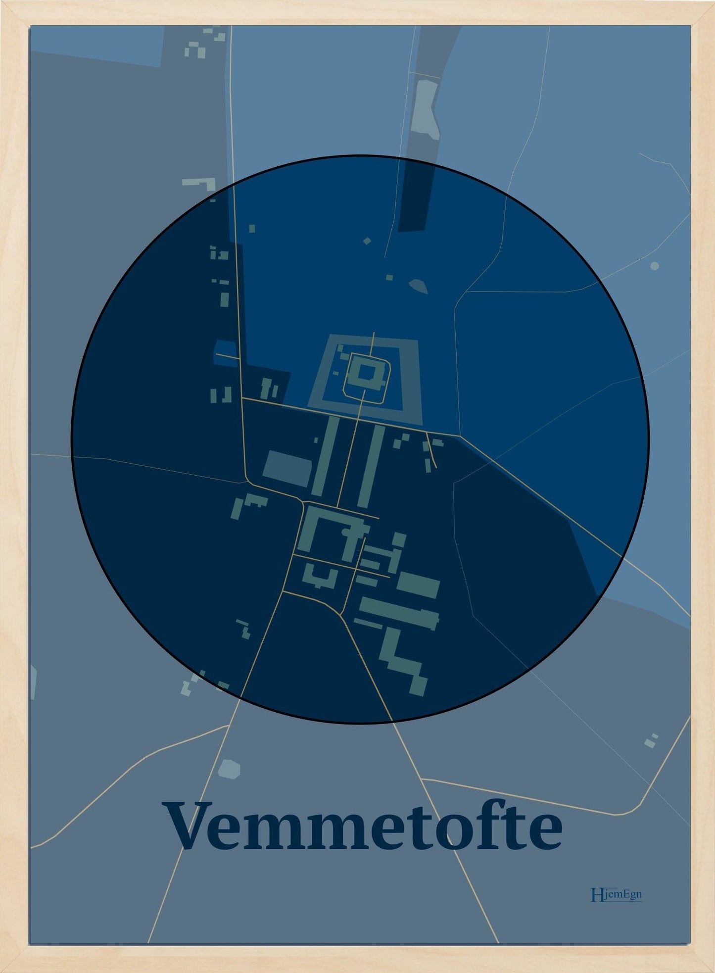 Vemmetofte plakat i farve mørk blå og HjemEgn.dk design centrum. Design bykort for Vemmetofte