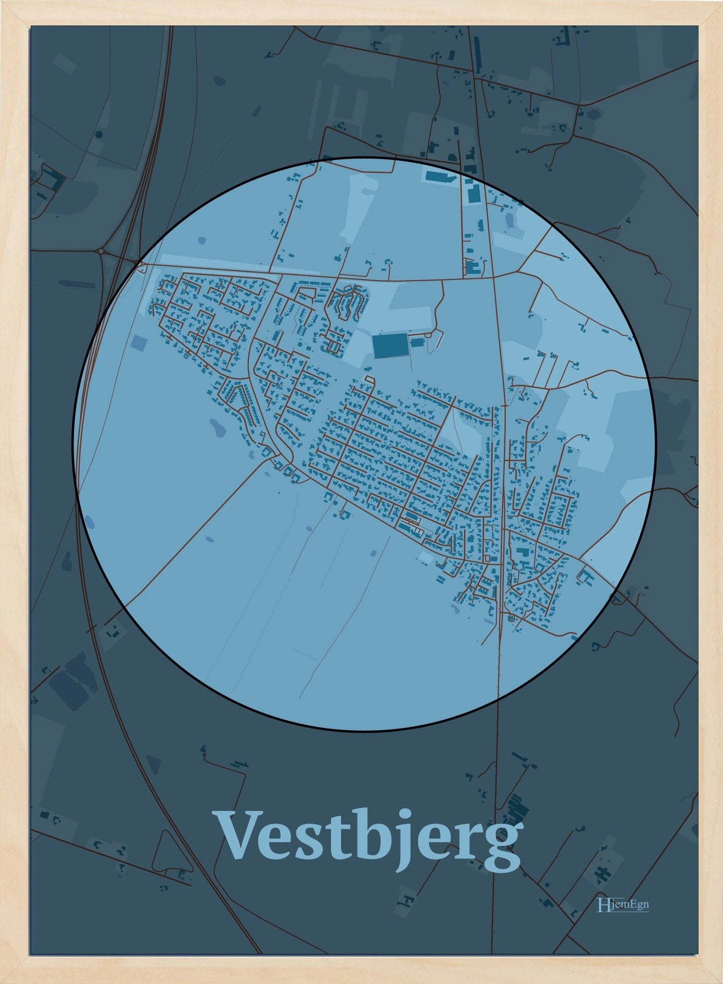 Vestbjerg plakat i farve pastel blå og HjemEgn.dk design centrum. Design bykort for Vestbjerg