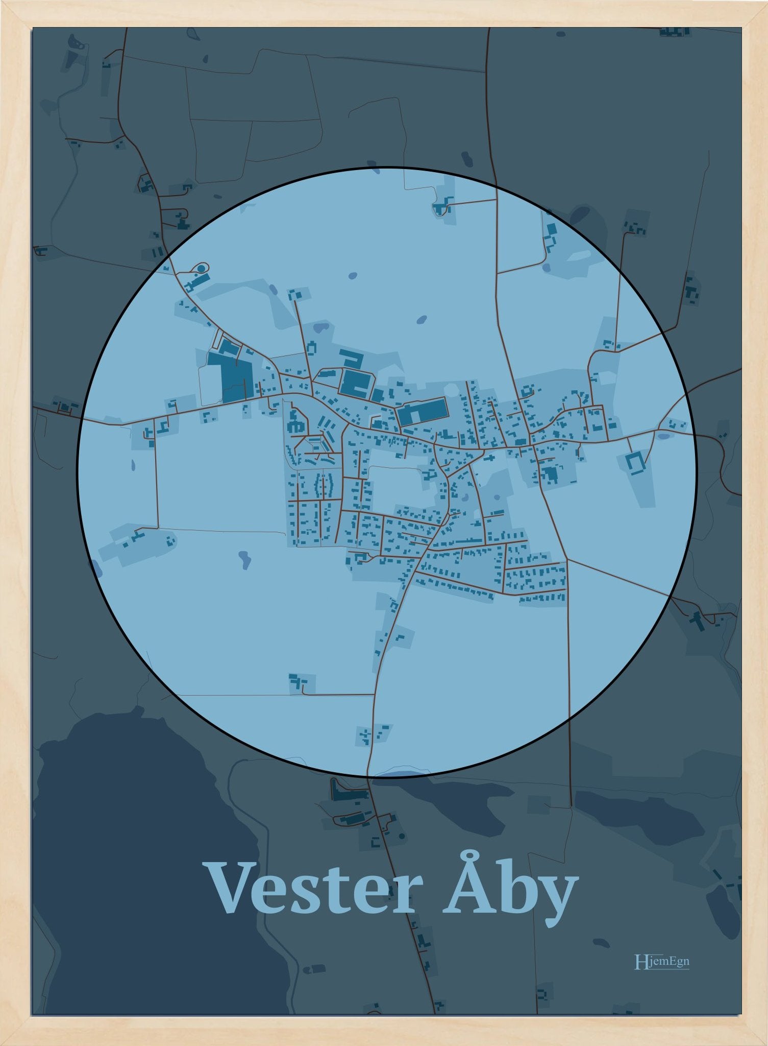 Vester Åby plakat i farve pastel blå og HjemEgn.dk design centrum. Design bykort for Vester Åby