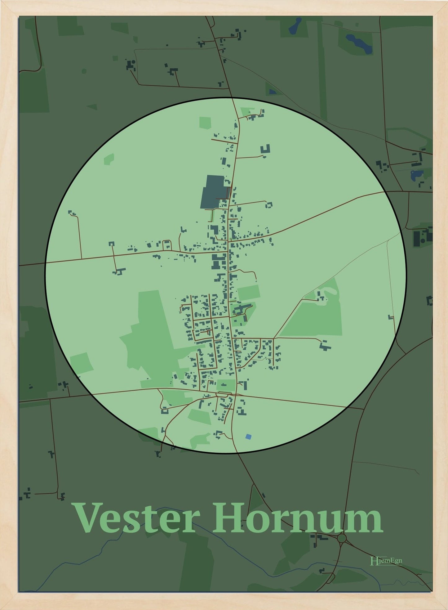 Vester Hornum plakat i farve pastel grøn og HjemEgn.dk design centrum. Design bykort for Vester Hornum