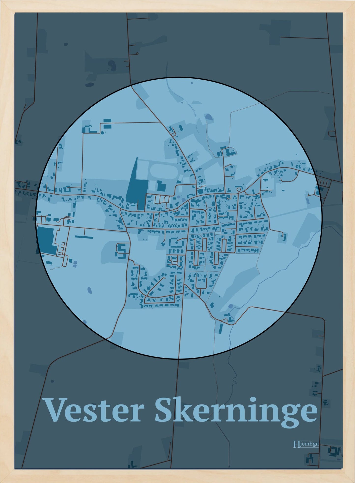 Vester Skerninge plakat i farve pastel blå og HjemEgn.dk design centrum. Design bykort for Vester Skerninge