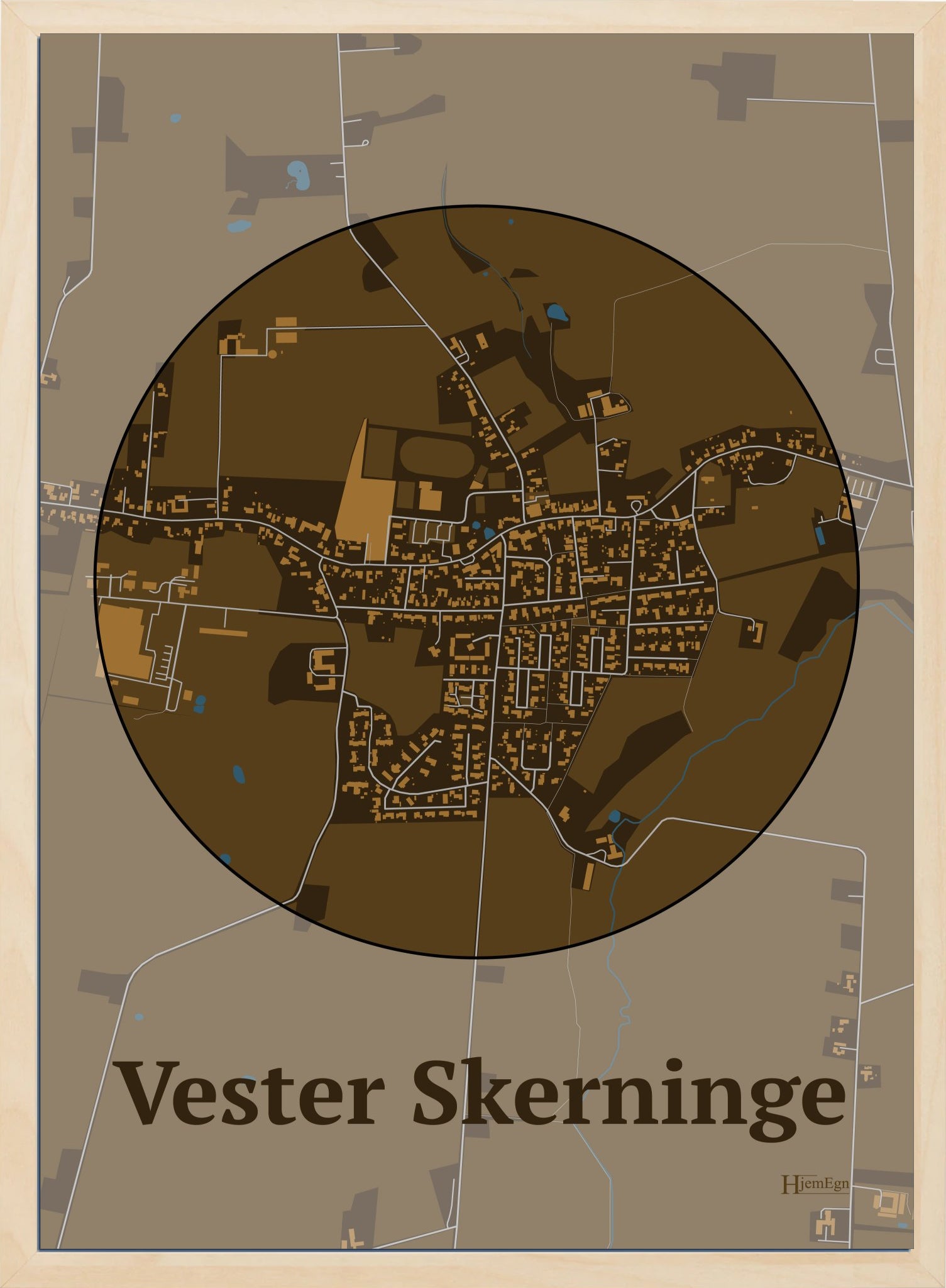 Vester Skerninge plakat i farve mørk brun og HjemEgn.dk design centrum. Design bykort for Vester Skerninge