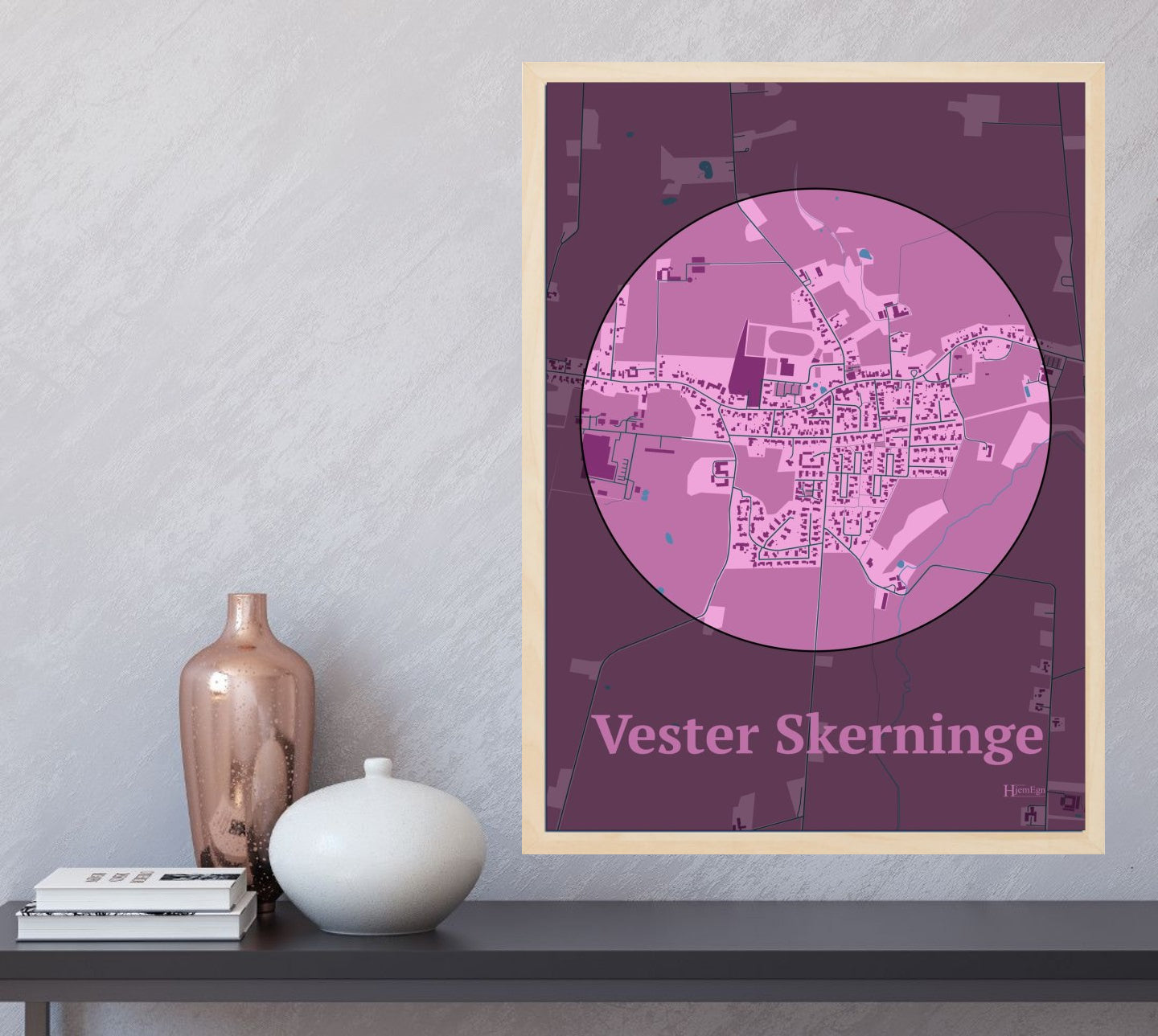 Vester Skerninge plakat i farve  og HjemEgn.dk design centrum. Design bykort for Vester Skerninge
