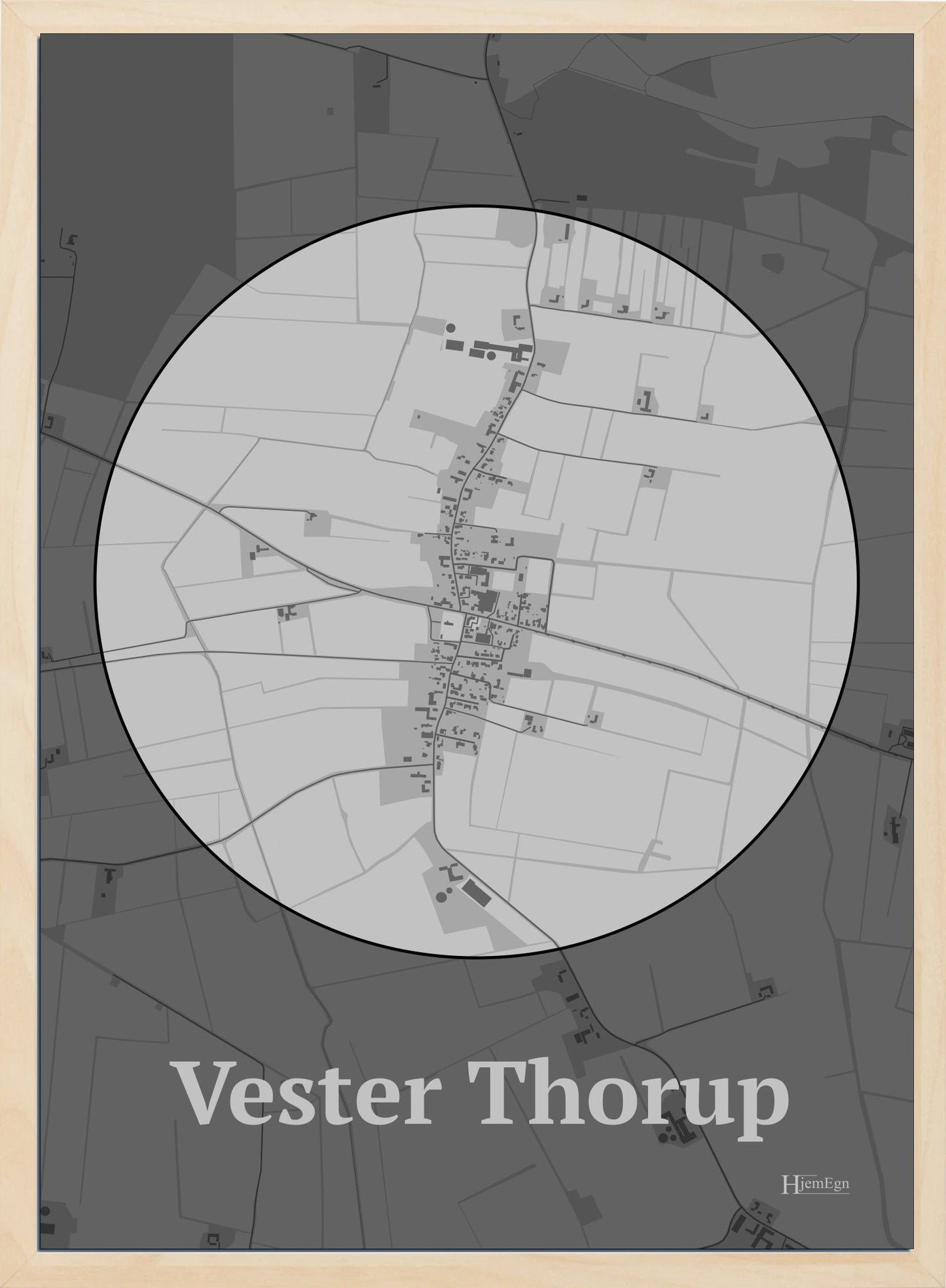 Vester Thorup plakat i farve pastel grå og HjemEgn.dk design centrum. Design bykort for Vester Thorup