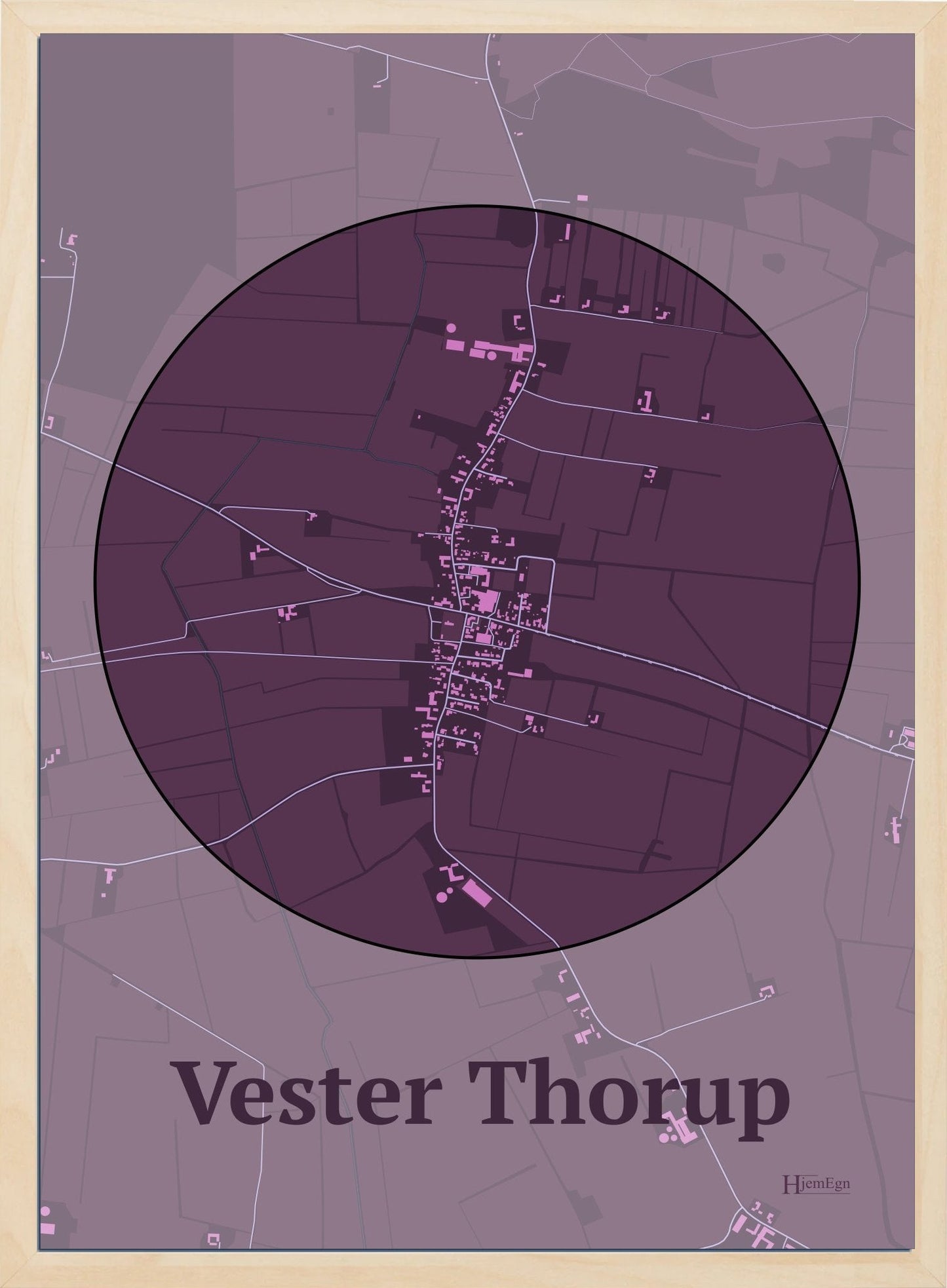 Vester Thorup plakat i farve mørk rød og HjemEgn.dk design centrum. Design bykort for Vester Thorup