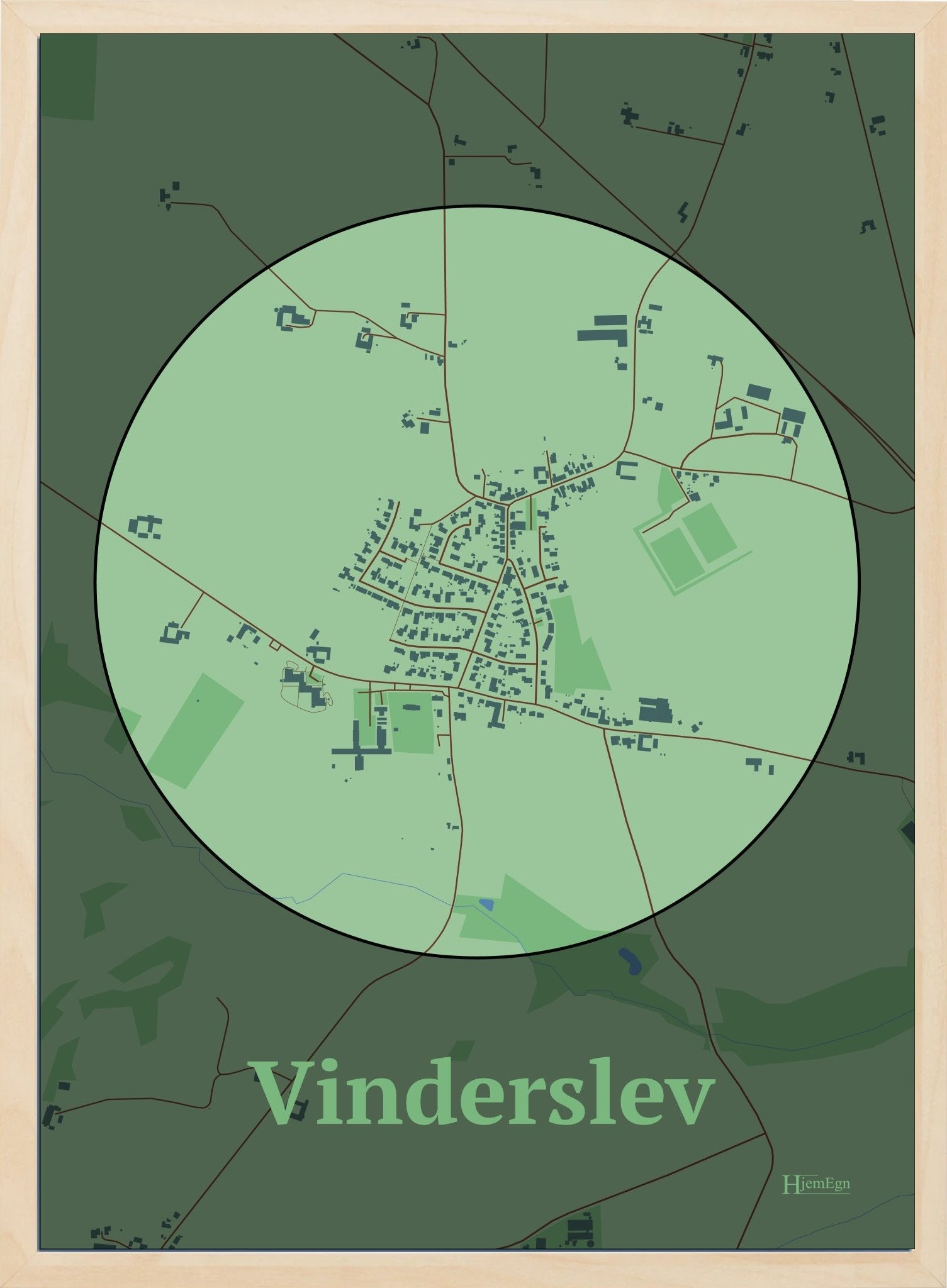 Vinderslev plakat i farve pastel grøn og HjemEgn.dk design centrum. Design bykort for Vinderslev