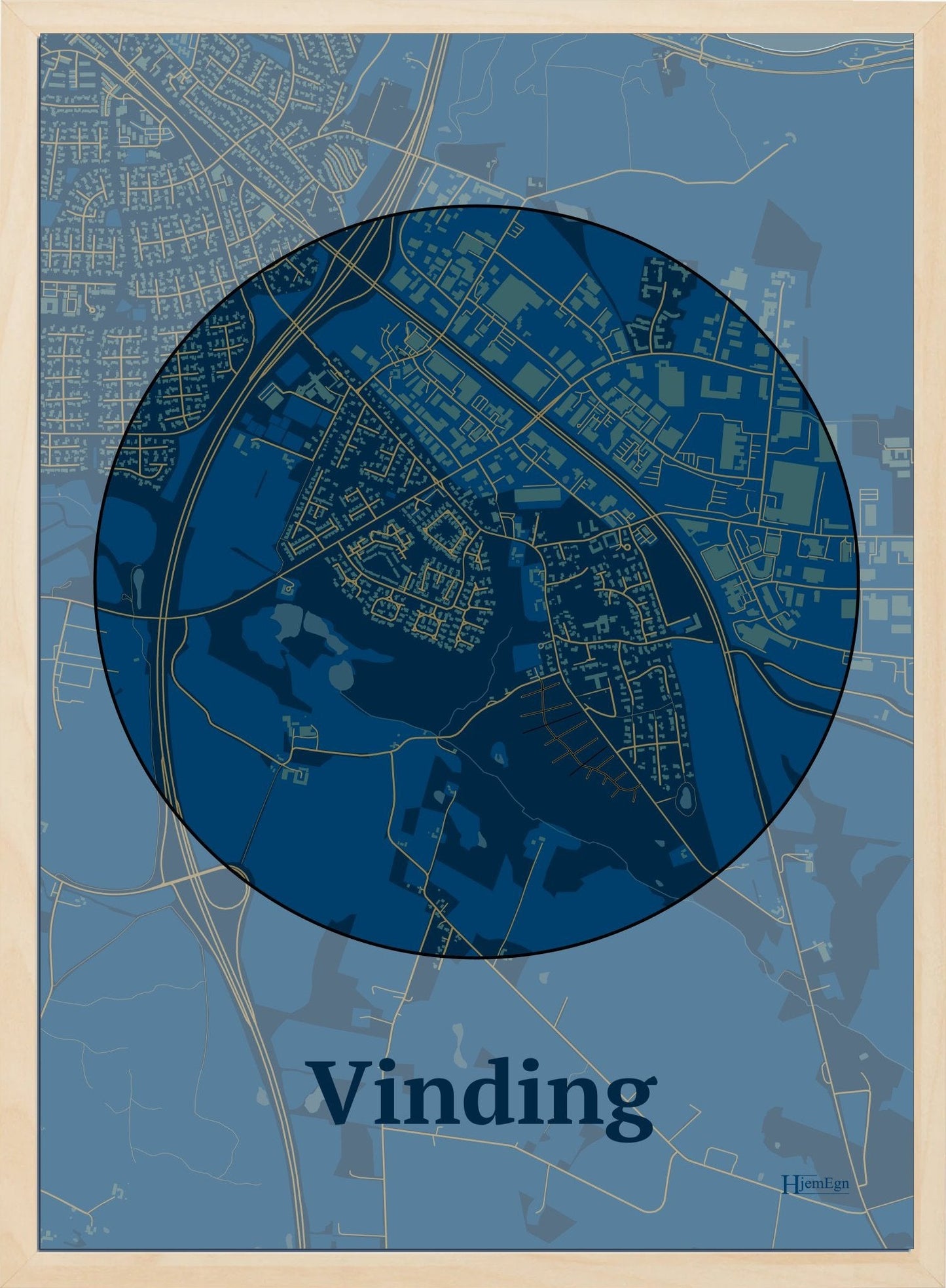 Vinding plakat i farve mørk blå og HjemEgn.dk design centrum. Design bykort for Vinding