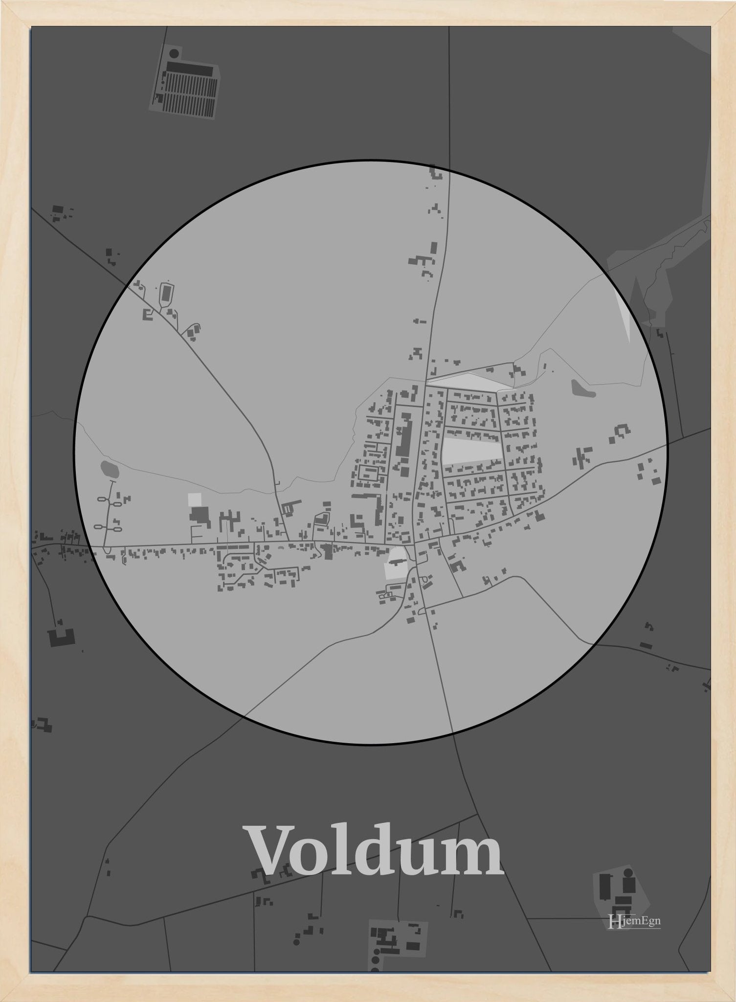 Voldum plakat i farve pastel grå og HjemEgn.dk design centrum. Design bykort for Voldum