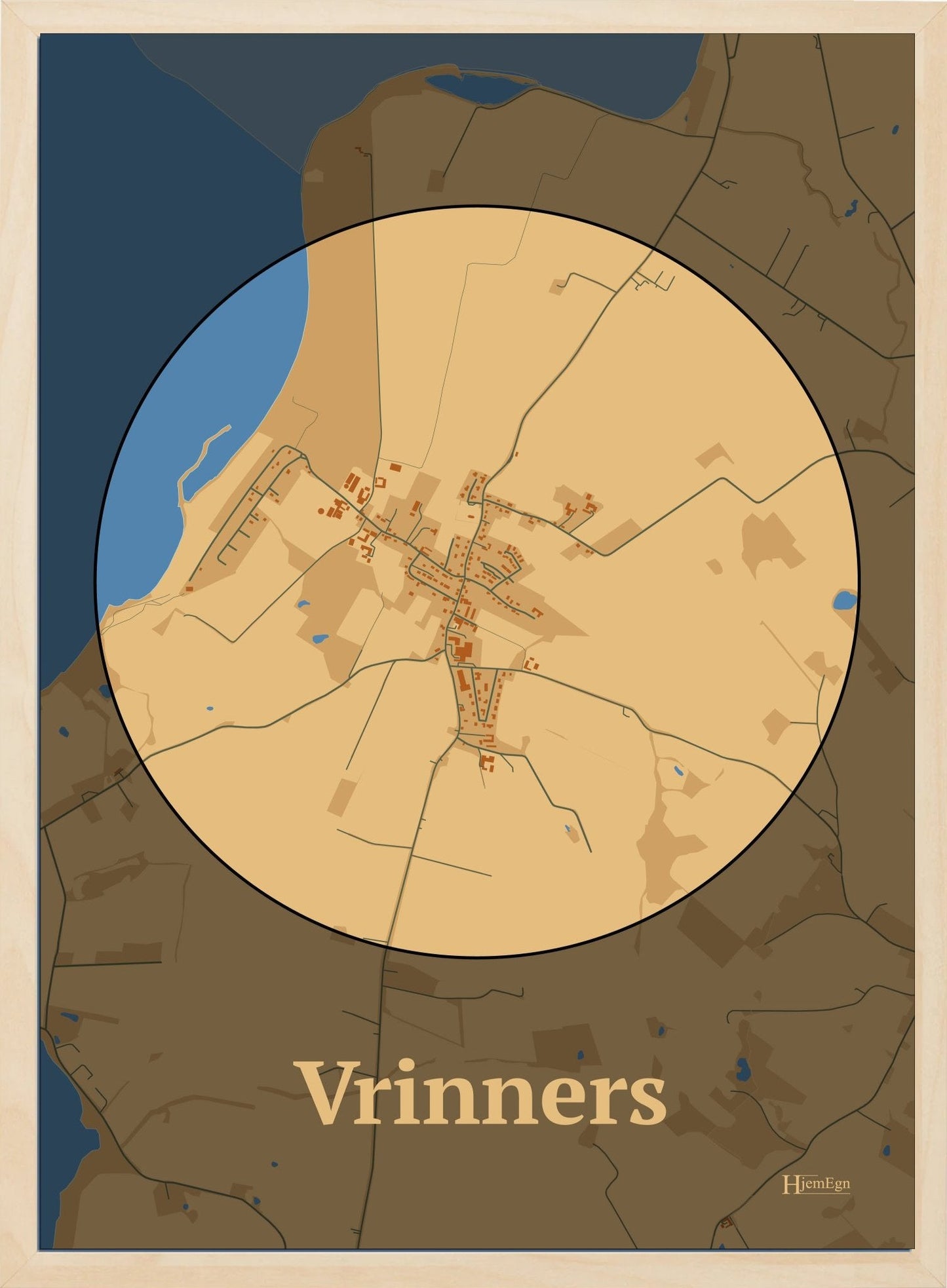 Vrinners plakat i farve pastel brun og HjemEgn.dk design centrum. Design bykort for Vrinners